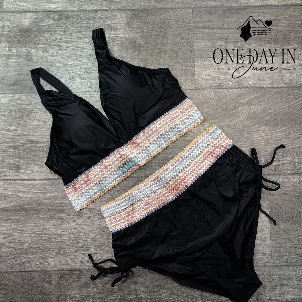 Aleumdr V Neck High Waist Drawstring Bikini Swimsuit Size L